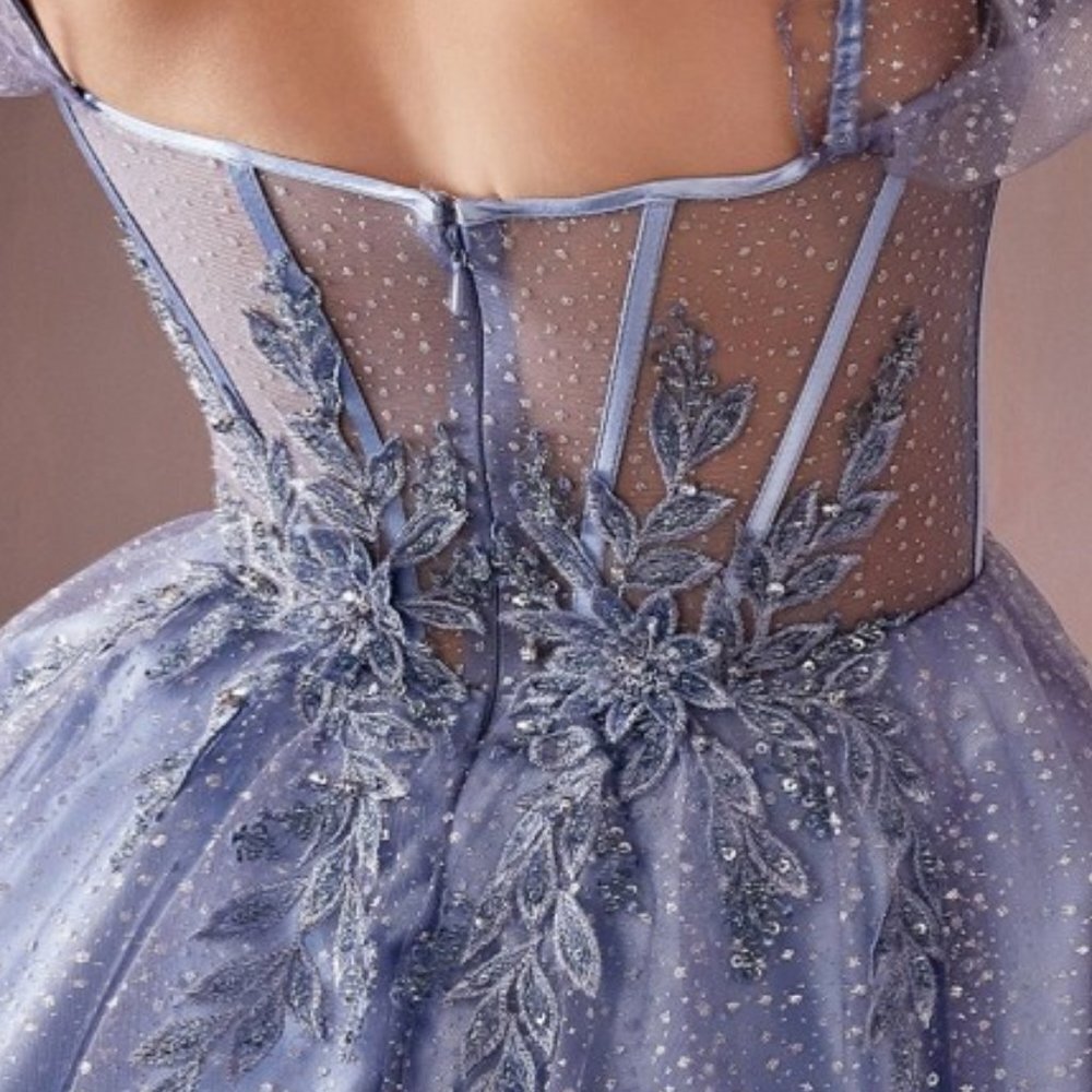 NEW MIDI FLORAL TULLE EMBROIDERED DRESS WITH PUFF SLEEVES AND ZIPPER BACK CD0187 - Picture 9 of 11